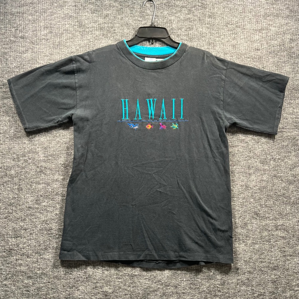 Vintage Belton Hawaii Double Collar T Shirt Mens Large Black Teal 90s USA Made